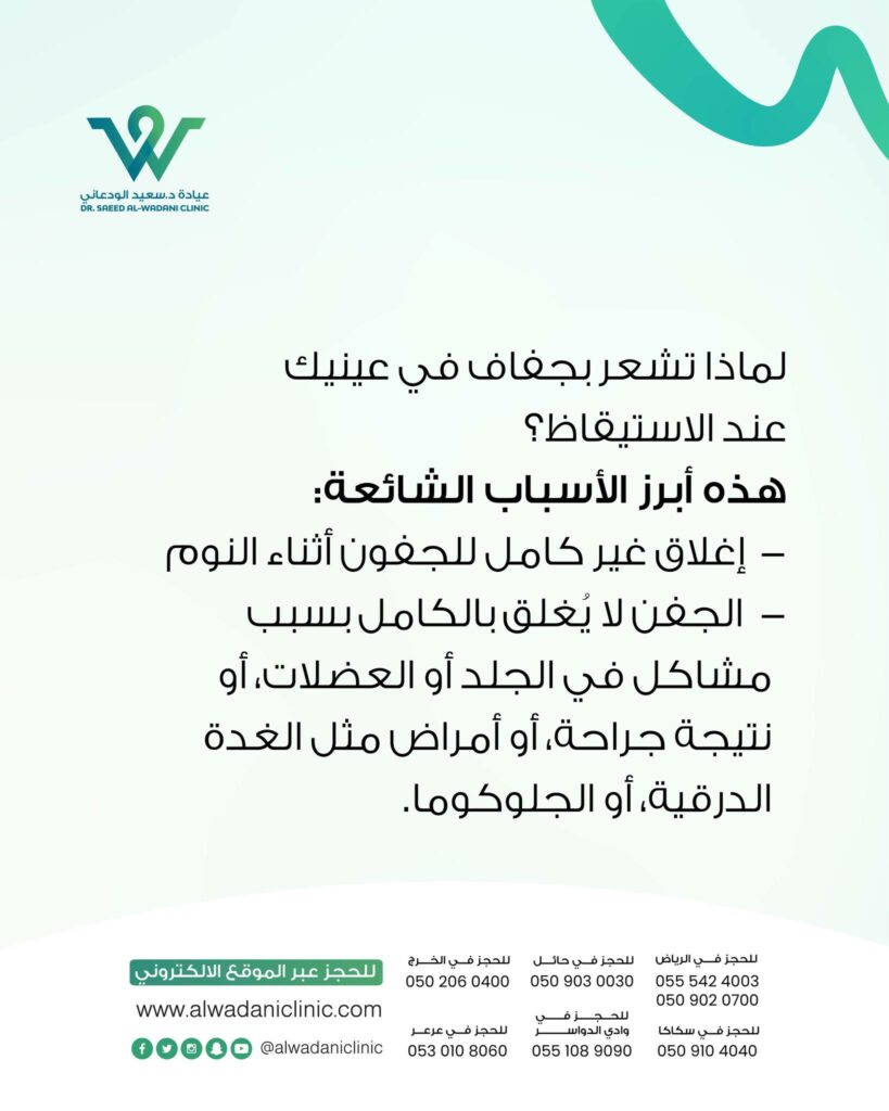 إغلاق الجفون غير التام: قد يكون بسبب تشوهات خلقية، جراحات سابقة، أو أمراض مثل شلل العصب الوجهي. هذا يترك جزءًا من العين مكشوفًا، مما يزيد الجفاف.