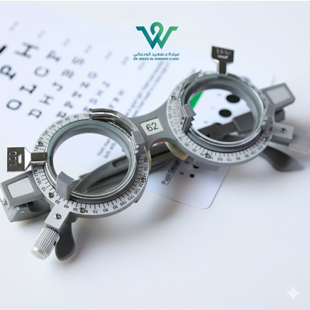 نظارات فحص النظر الاحترافية فوق لوحة اختبار الرؤية داخل عيادة د. سعيد الوعلاني لطب العيون في السعودية.