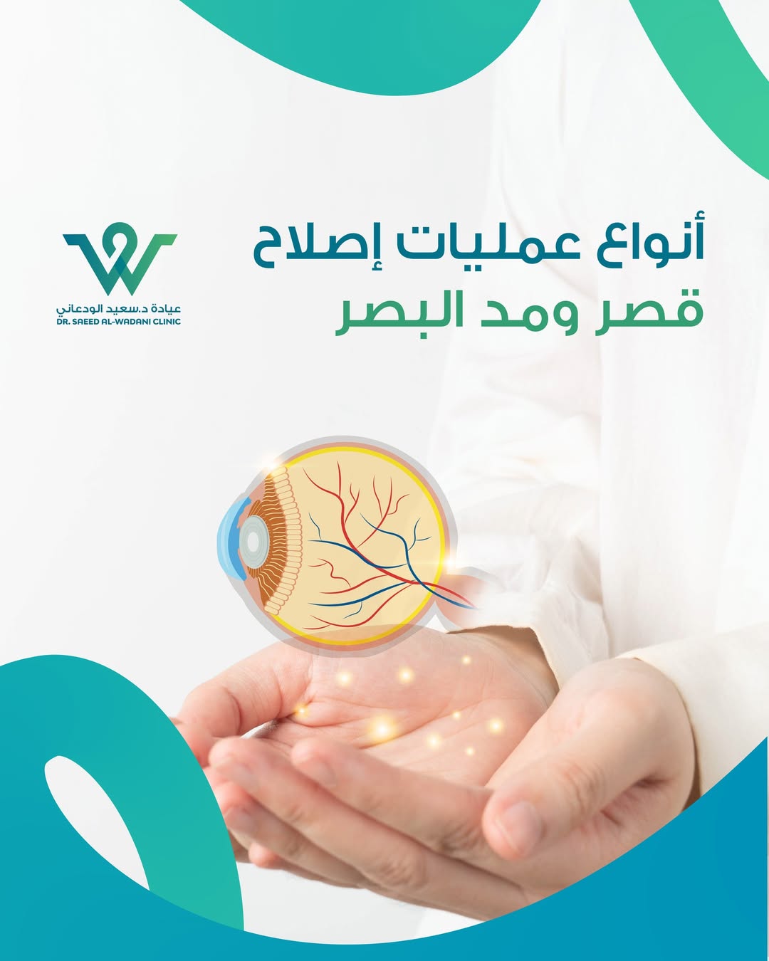 تصميم طبي من عيادة د. سعيد الودعاني يوضح موضوع أنواع عمليات إصلاح قصر ومدّ البصر، مع رسم توضيحي للعين فوق يدي طبيب وخلفية بيضاء بلون طبي هادئ.